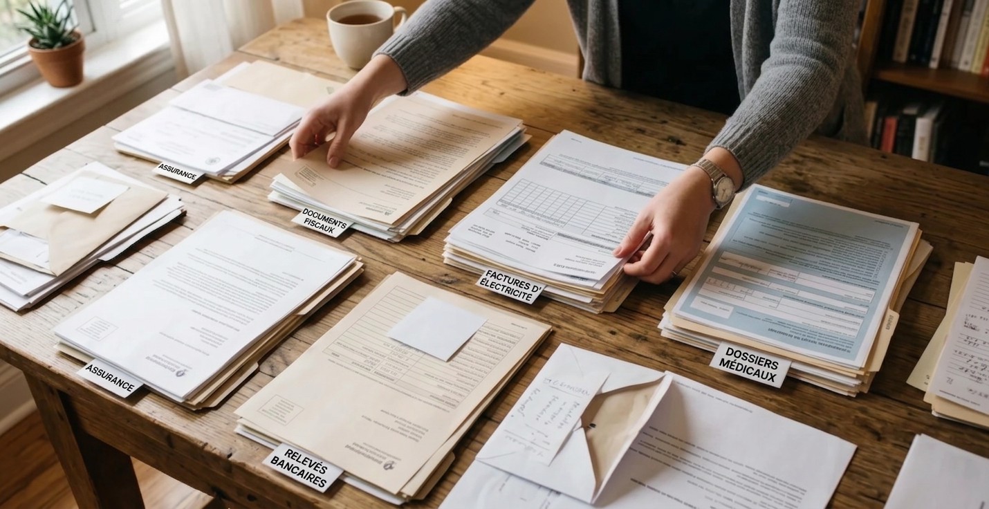 Personne organisant méthodiquement différents justificatifs et documents administratifs en catégories sur une table